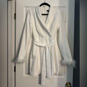 Lulu’s White Blazer Romper with Feather Trim